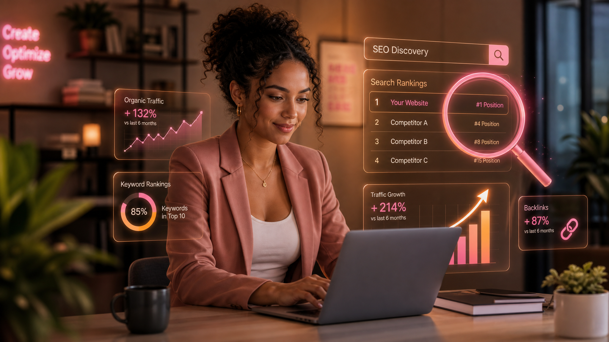 Content creator at a laptop with search ranking graphs and a magnifying glass overlay, representing adult SEO discovery