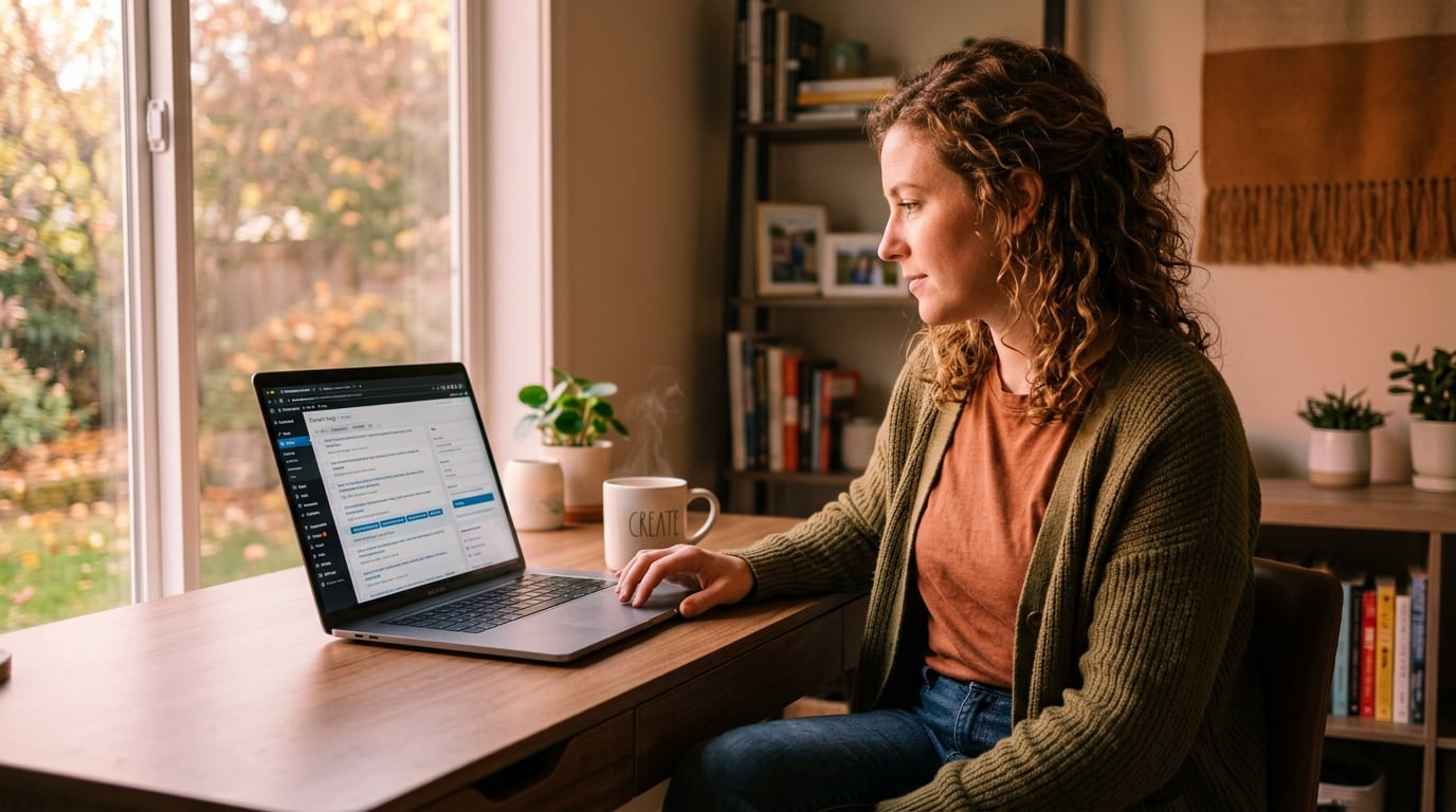 Creator reviewing content category tags and keywords on a laptop to label photo sets correctly