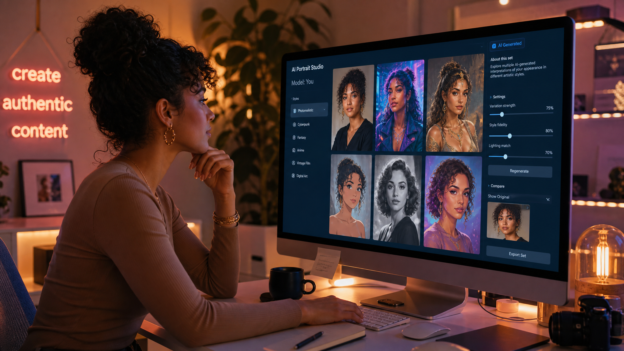 Content creator viewing AI-generated portrait variations of herself on a screen, concept of AI versus real creators