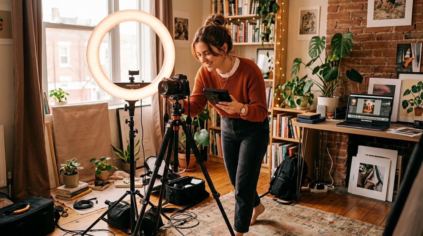 Independent creator setting up an authentic home photo shoot, warm and genuine atmosphere