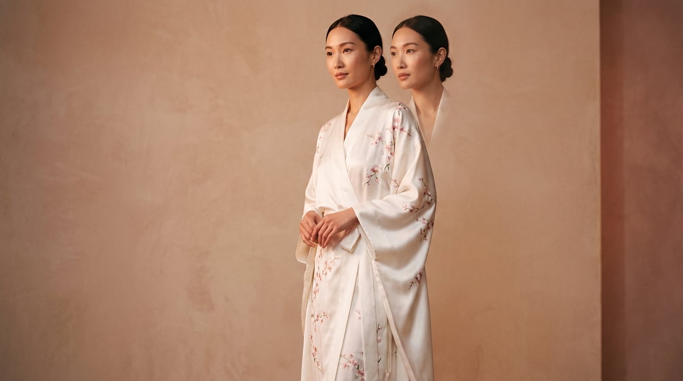Elegant woman in a white silk robe with cherry blossom accents posing in soft warm studio light