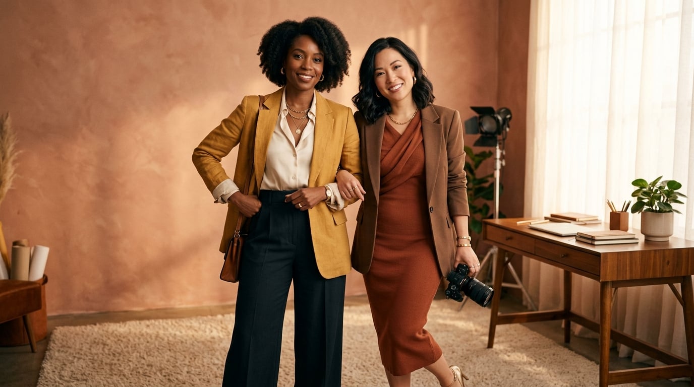 Two confident creators of different ethnic backgrounds posing together stylishly in warm studio light
