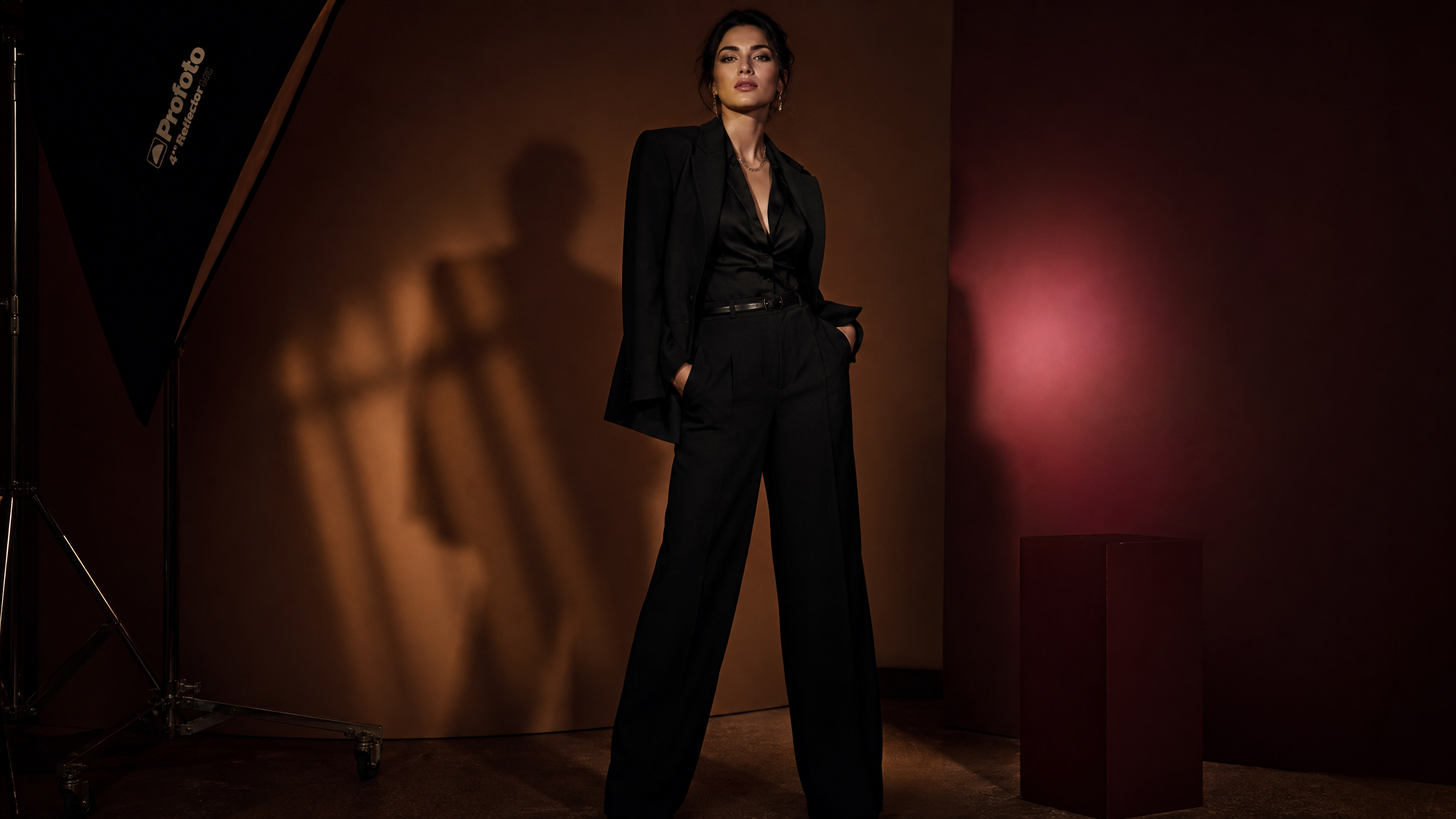 Commanding woman in black leather corset and thigh-high boots posing with a riding crop in dramatic chiaroscuro lighting