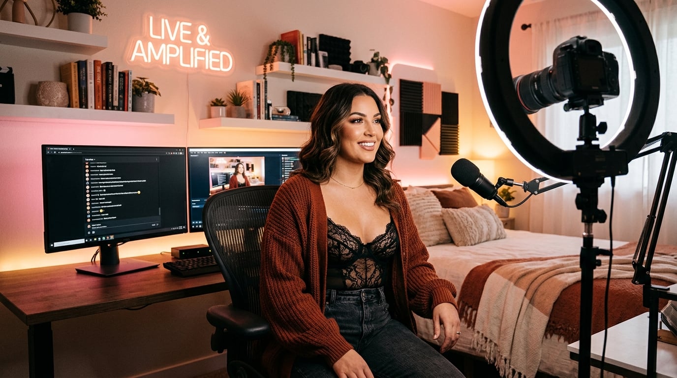 Glamorous webcam model streaming with a ring light and dual monitors, a guide to becoming a successful cam girl