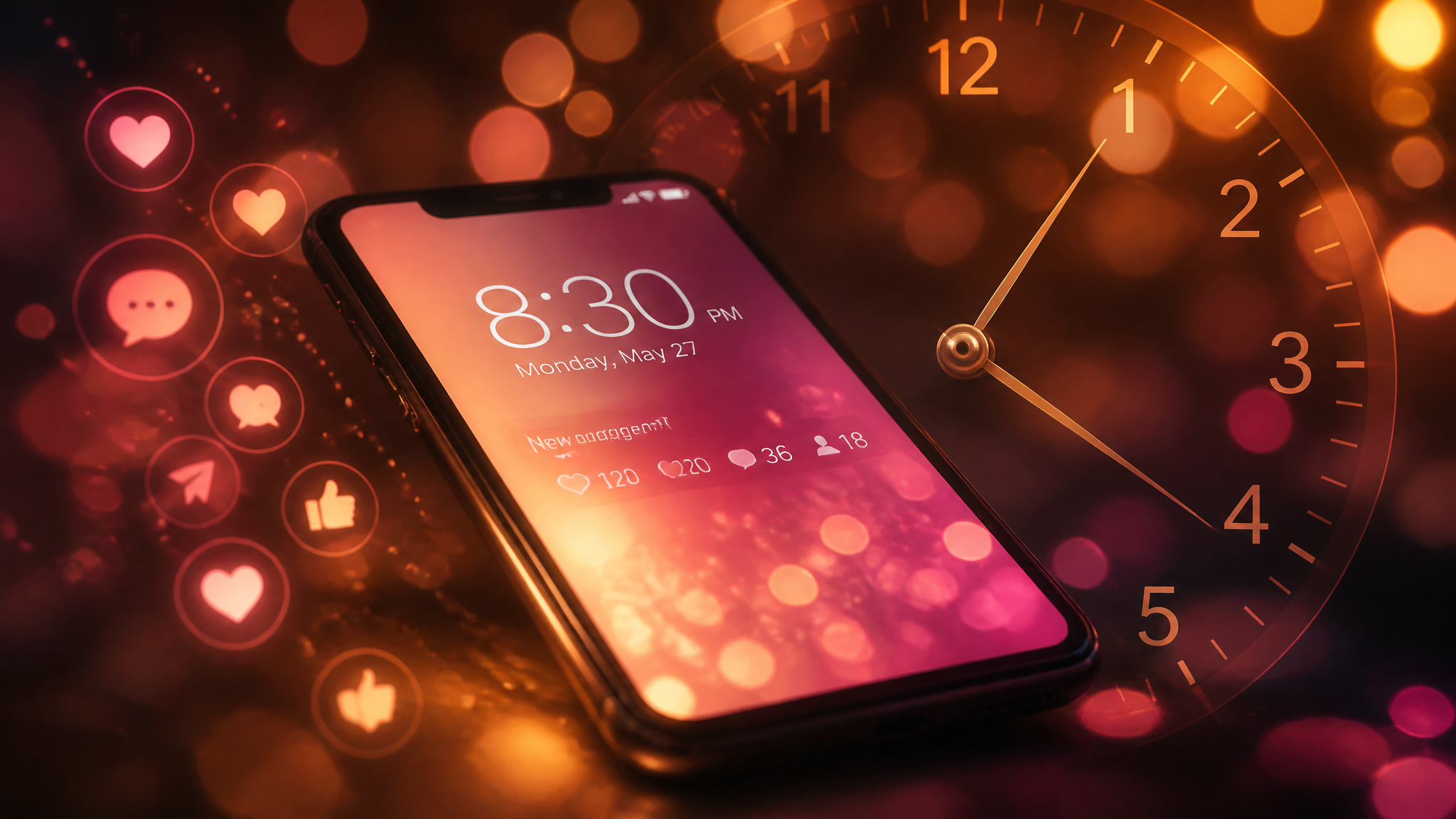 A clock and glowing phone in warm light representing the best time to post content