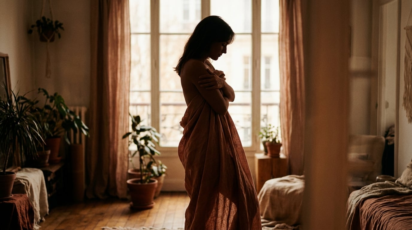 Woman embracing her body confidently in soft natural light during a self-portrait session