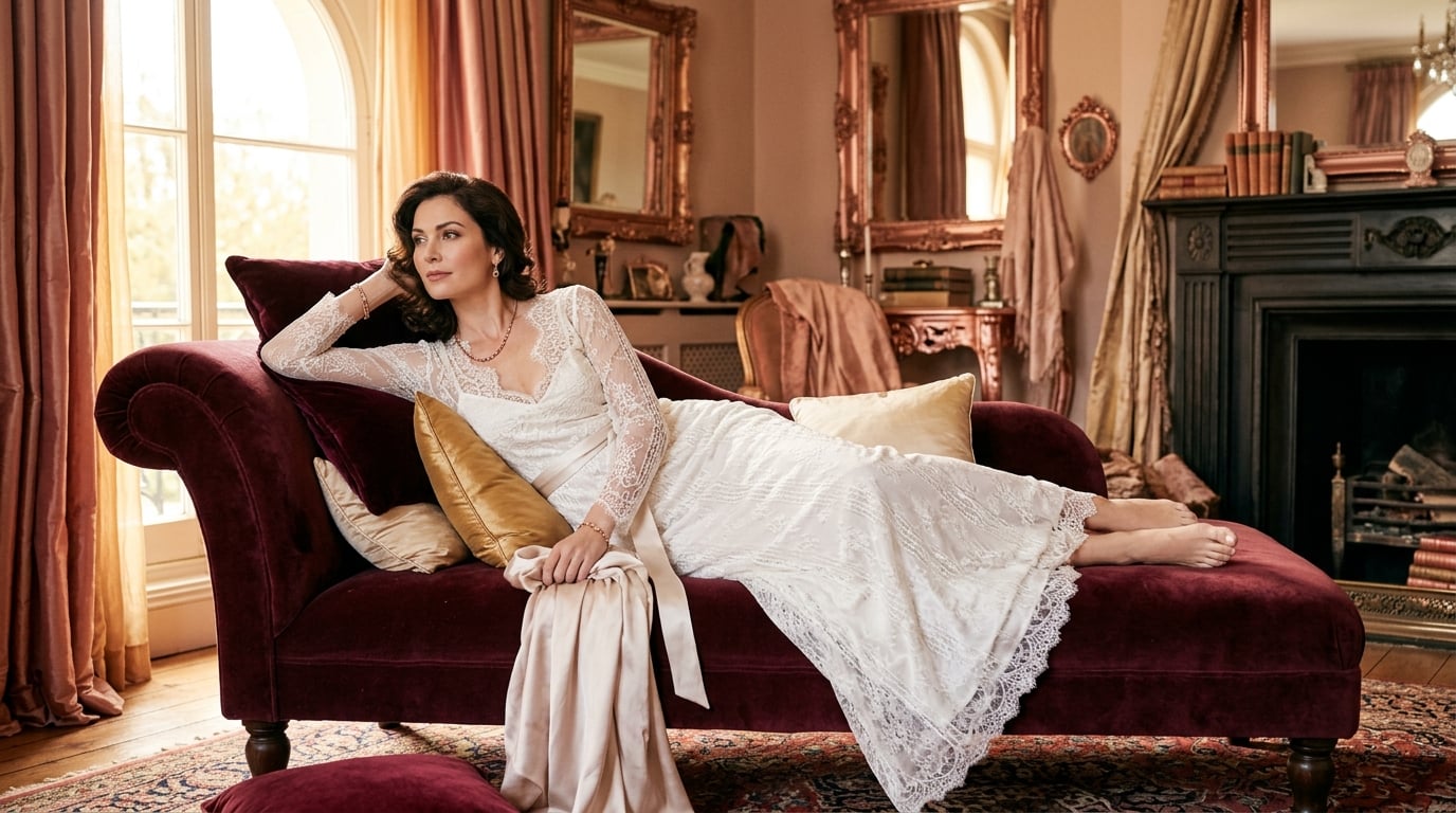 Woman in sheer lace lingerie posing on a velvet chaise in warm boudoir lighting