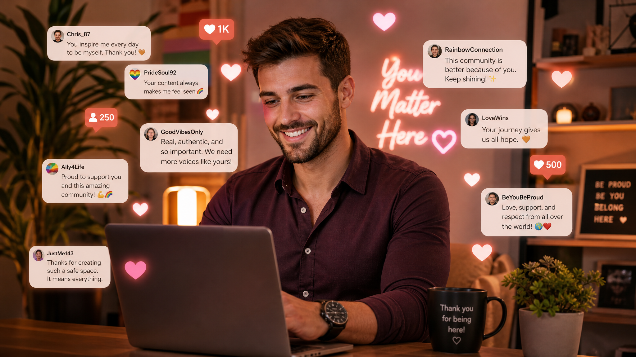 Gay male content creator at a laptop surrounded by glowing heart icons and loyal-fan messages