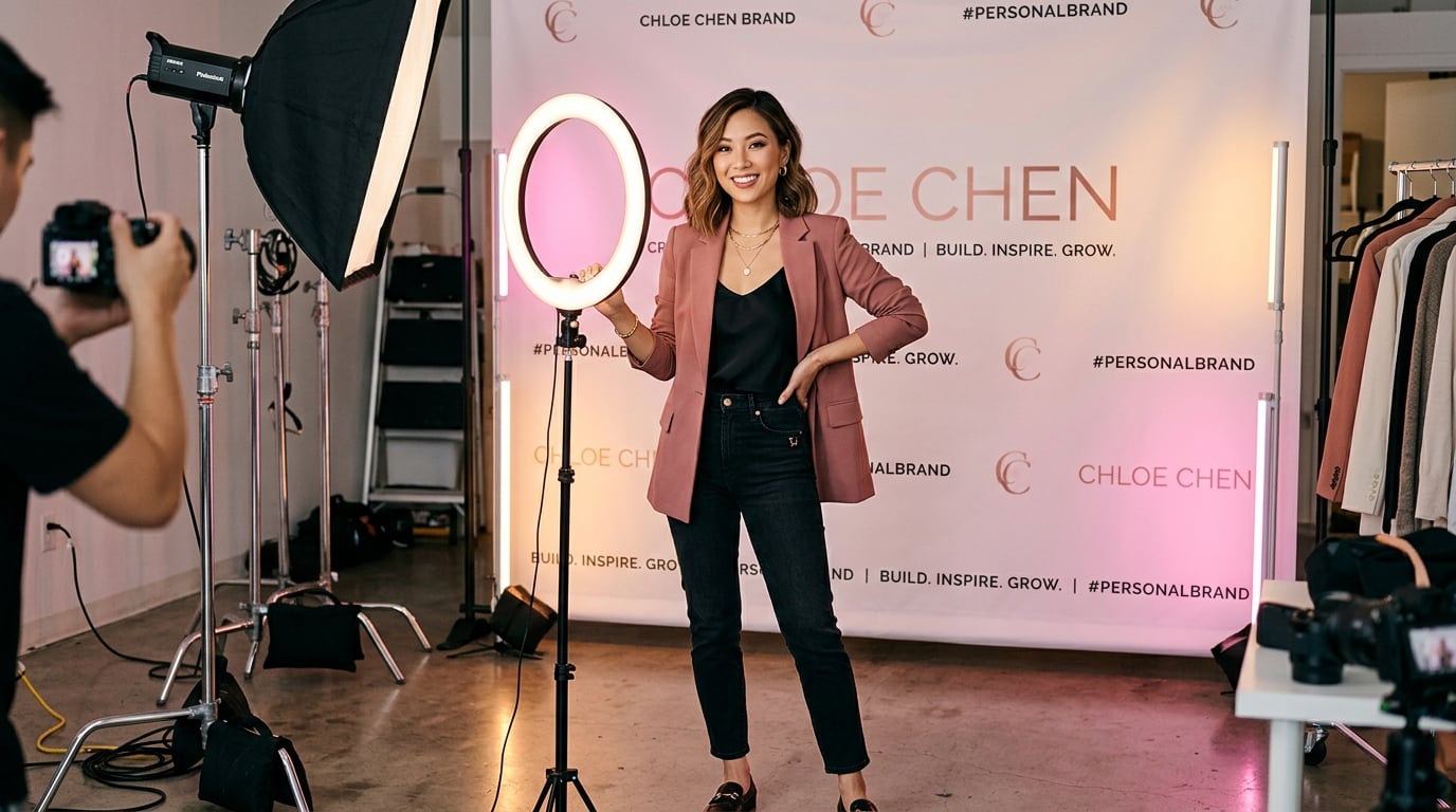 Female influencer posing for a branded photo shoot while building her personal brand as a content creator