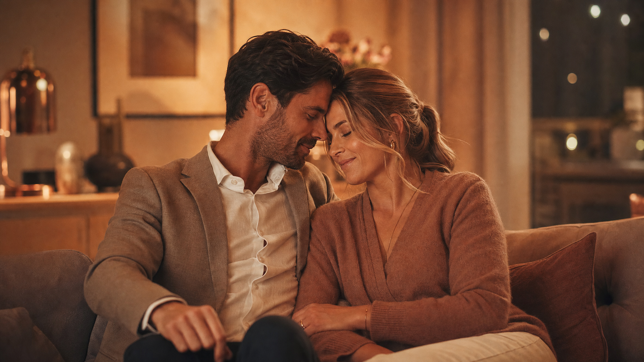 A couple sitting close together in warm light, illustrating partners sharing intimate photos online