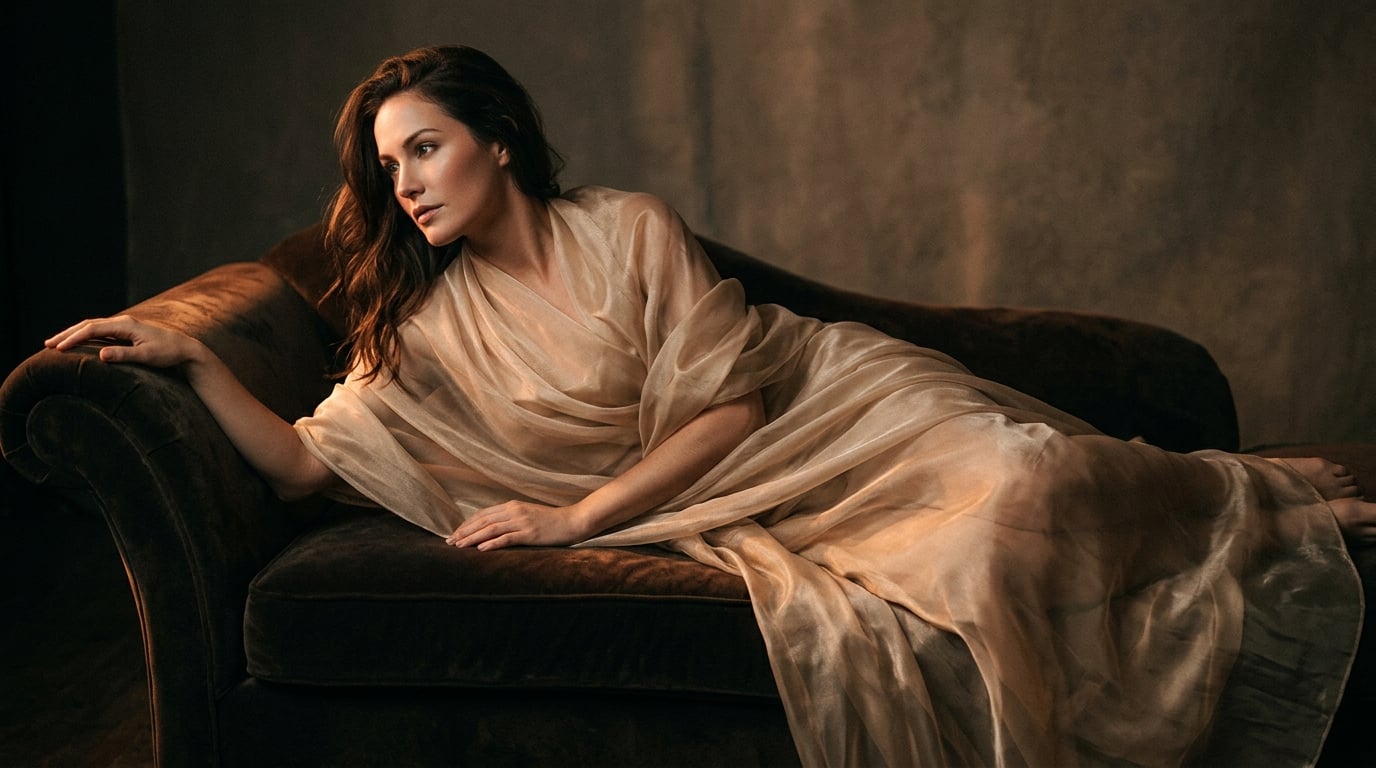 Tasteful erotic photograph of a woman draped in sheer fabric in warm, moody light