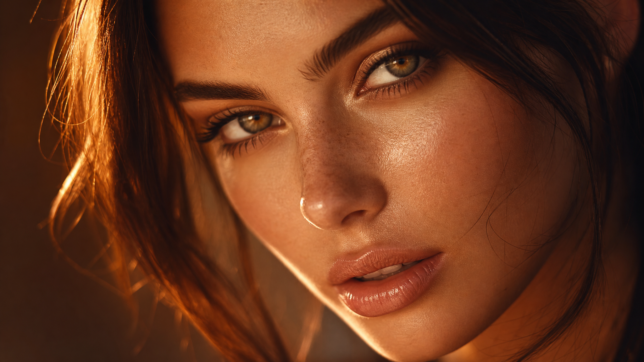 Close-up of a woman's alluring facial expression and eye contact in a sexy lingerie portrait
