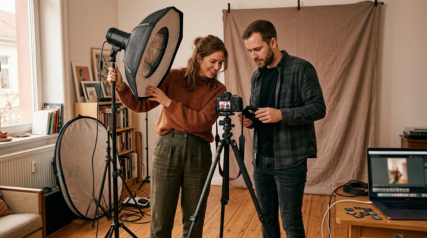 Couple setting up a camera and soft lighting for an intimate home photo and video session