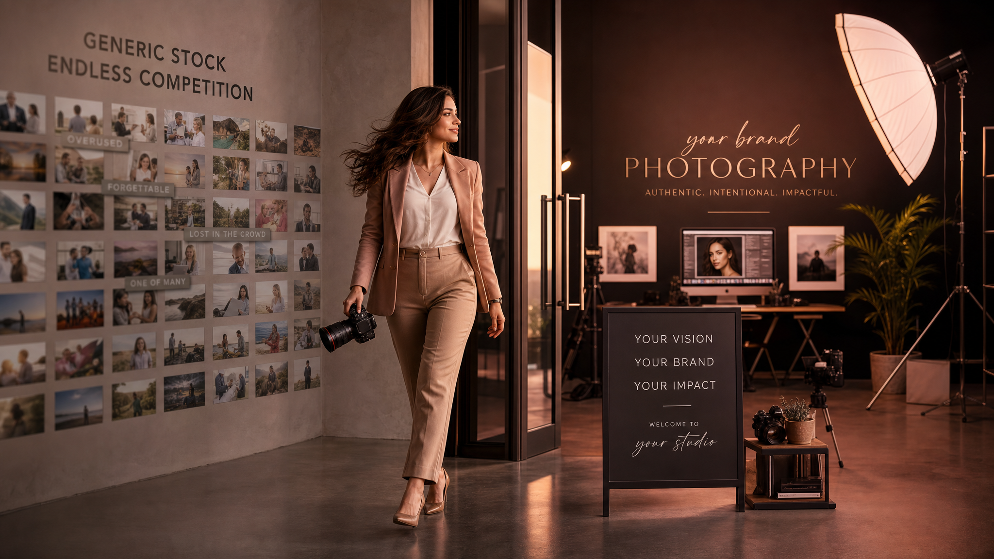 Confident woman creator stepping away from a wall of generic free video thumbnails toward her own branded photo studio