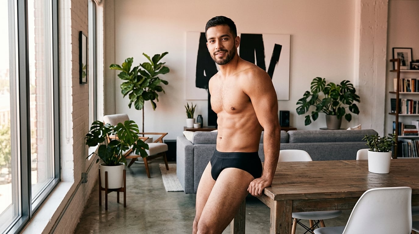 Confident gay male content creator posing for a fitness and lifestyle photo shoot in a modern loft