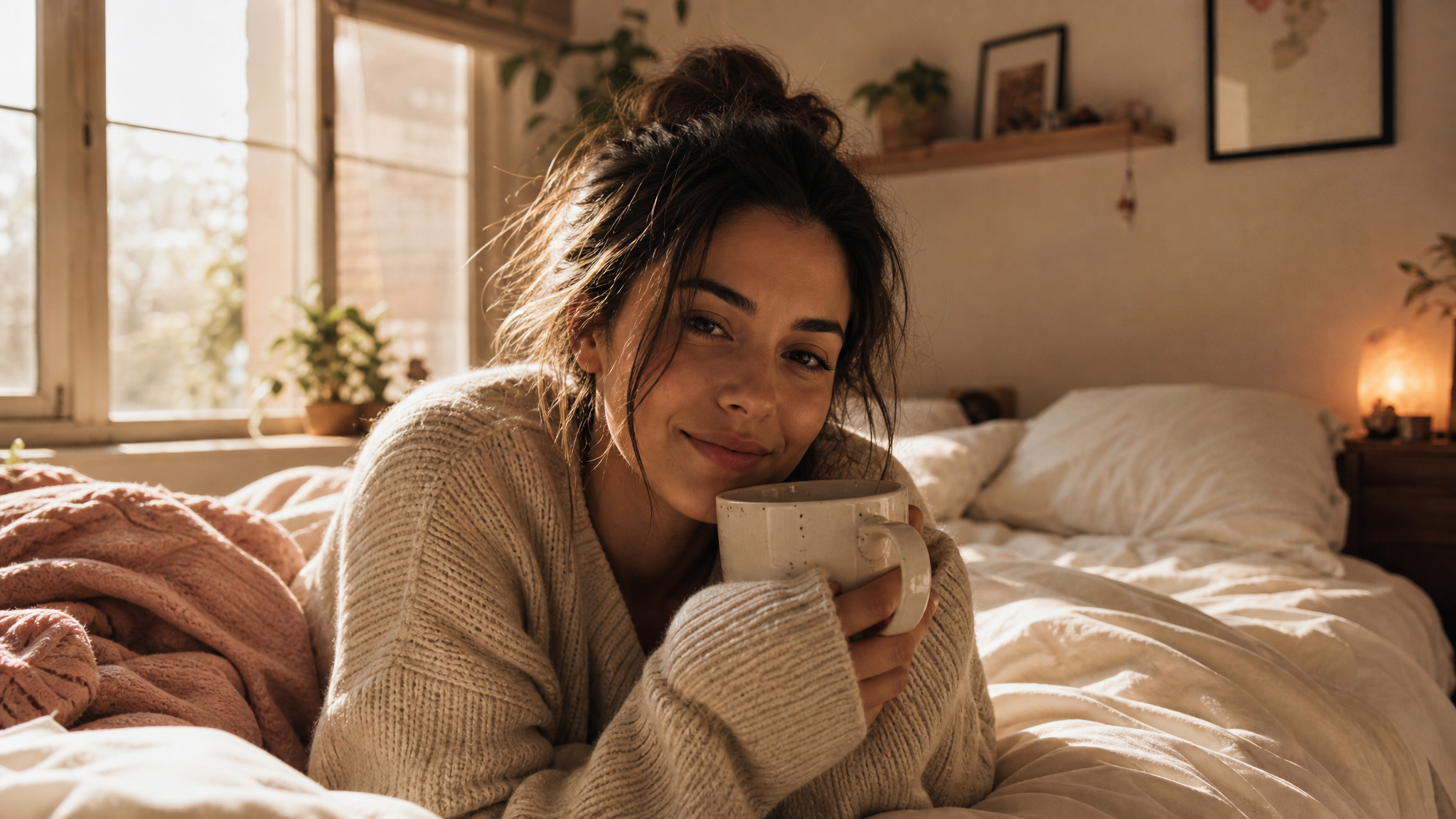 Warm, approachable woman in cozy attire sharing an intimate girlfriend-experience moment on camera