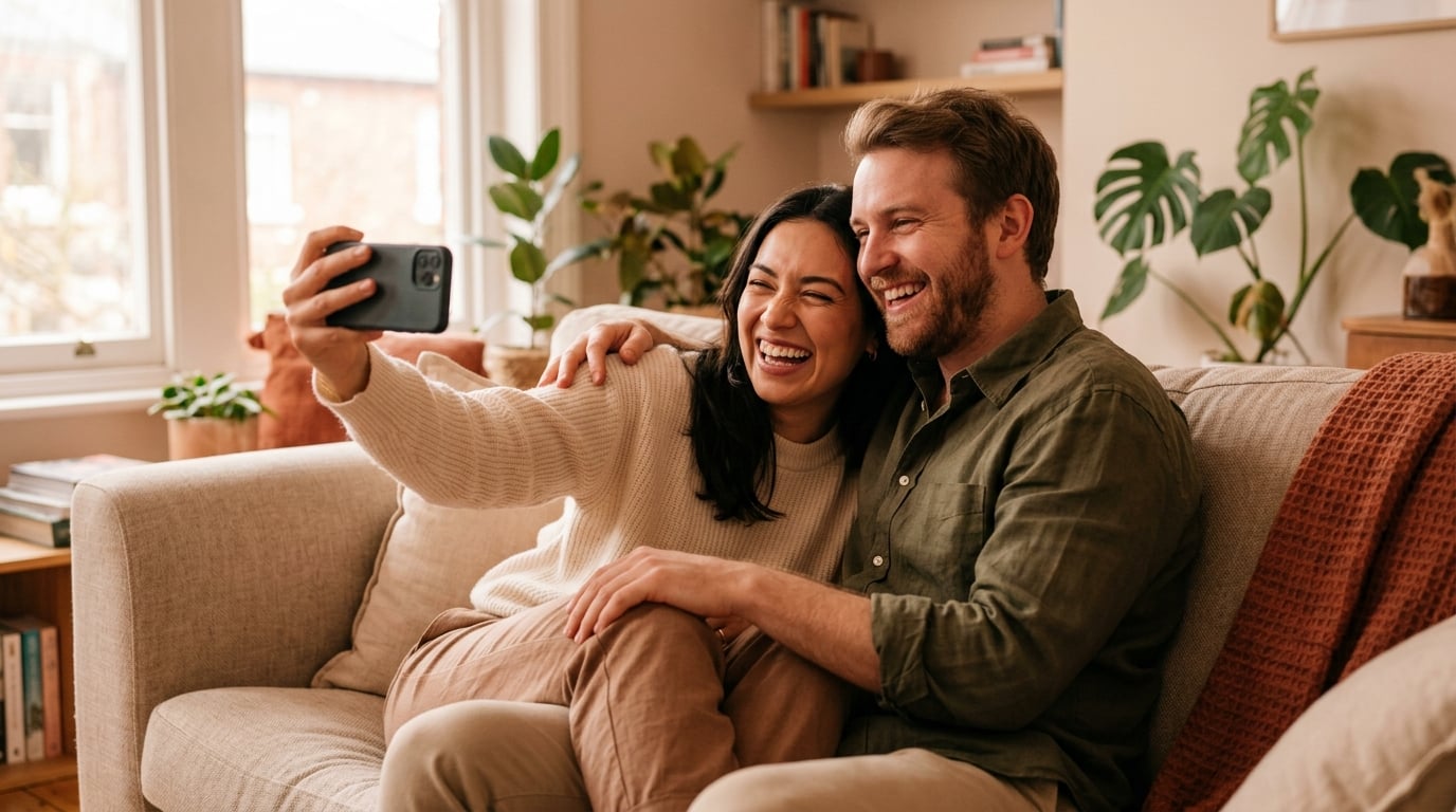 Happy couple taking a playful photo together at home in warm light, illustrating consensual girlfriend content