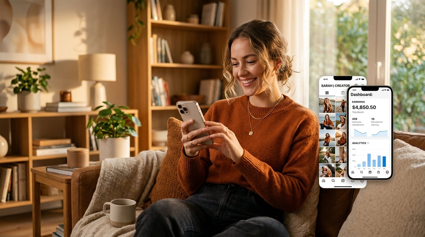 Confident woman reviewing her photo sets and earnings on a phone, transitioning from casual pics to creator
