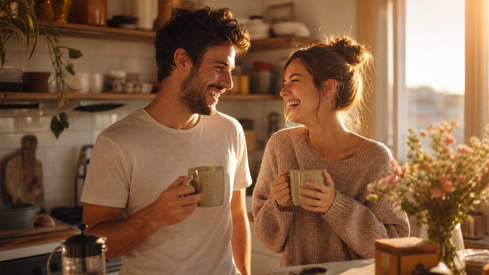 Intimate couple in casual matching loungewear sharing a tender moment in warm natural bedroom light