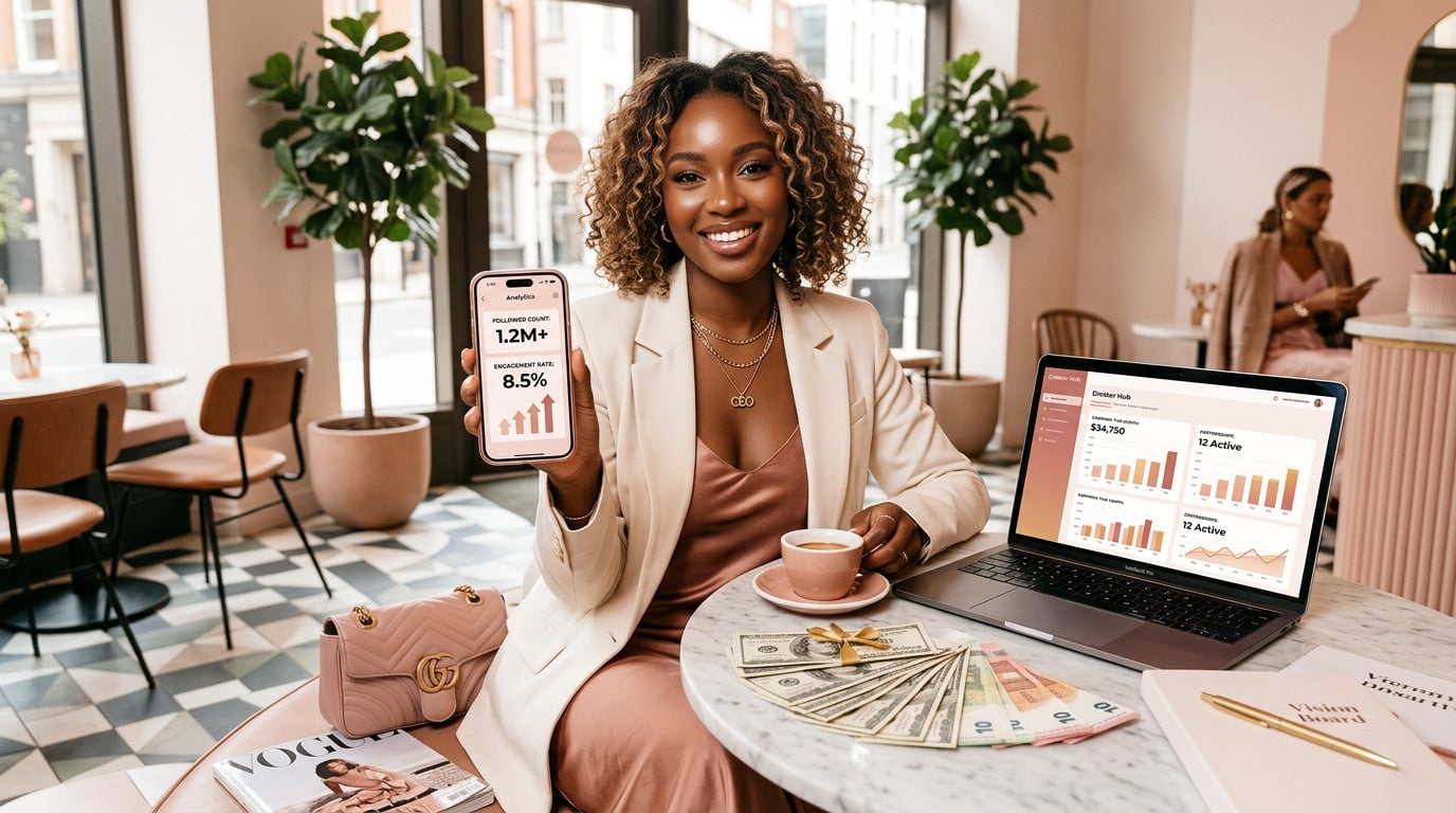 Social media influencer holding a phone showing follower counts and a monetization app, converting followers into income