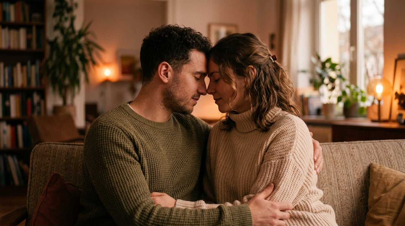 Couple sharing a close, tender moment in soft warm light, suggestive but tasteful framing
