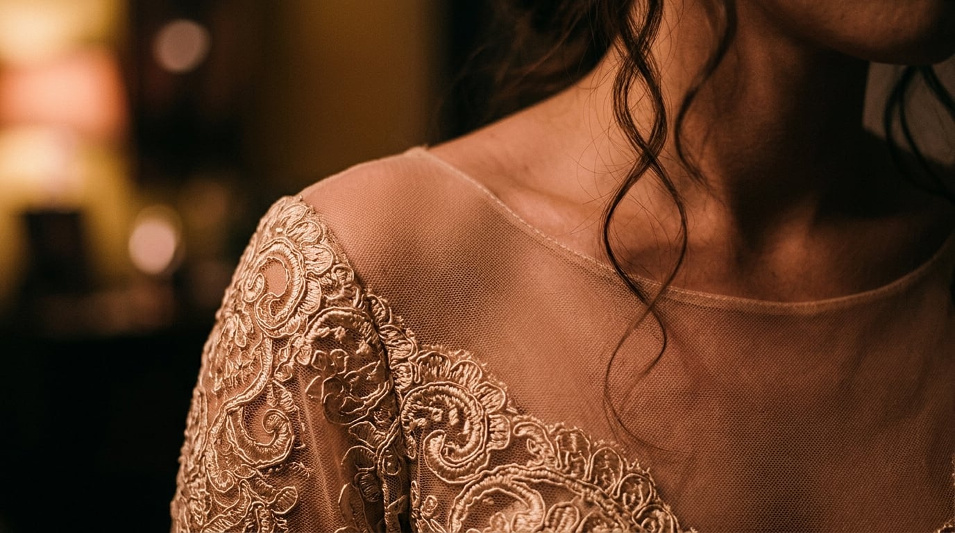Close detail of lace and sheer fabric over skin in warm erotic photography lighting