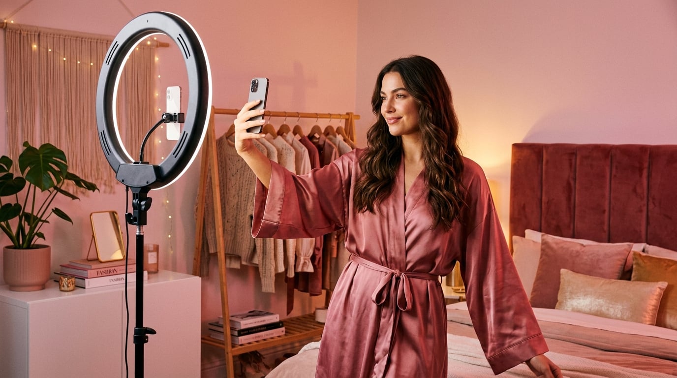 Confident woman content creator taking a selfie with a ring light to monetize photo uploads online