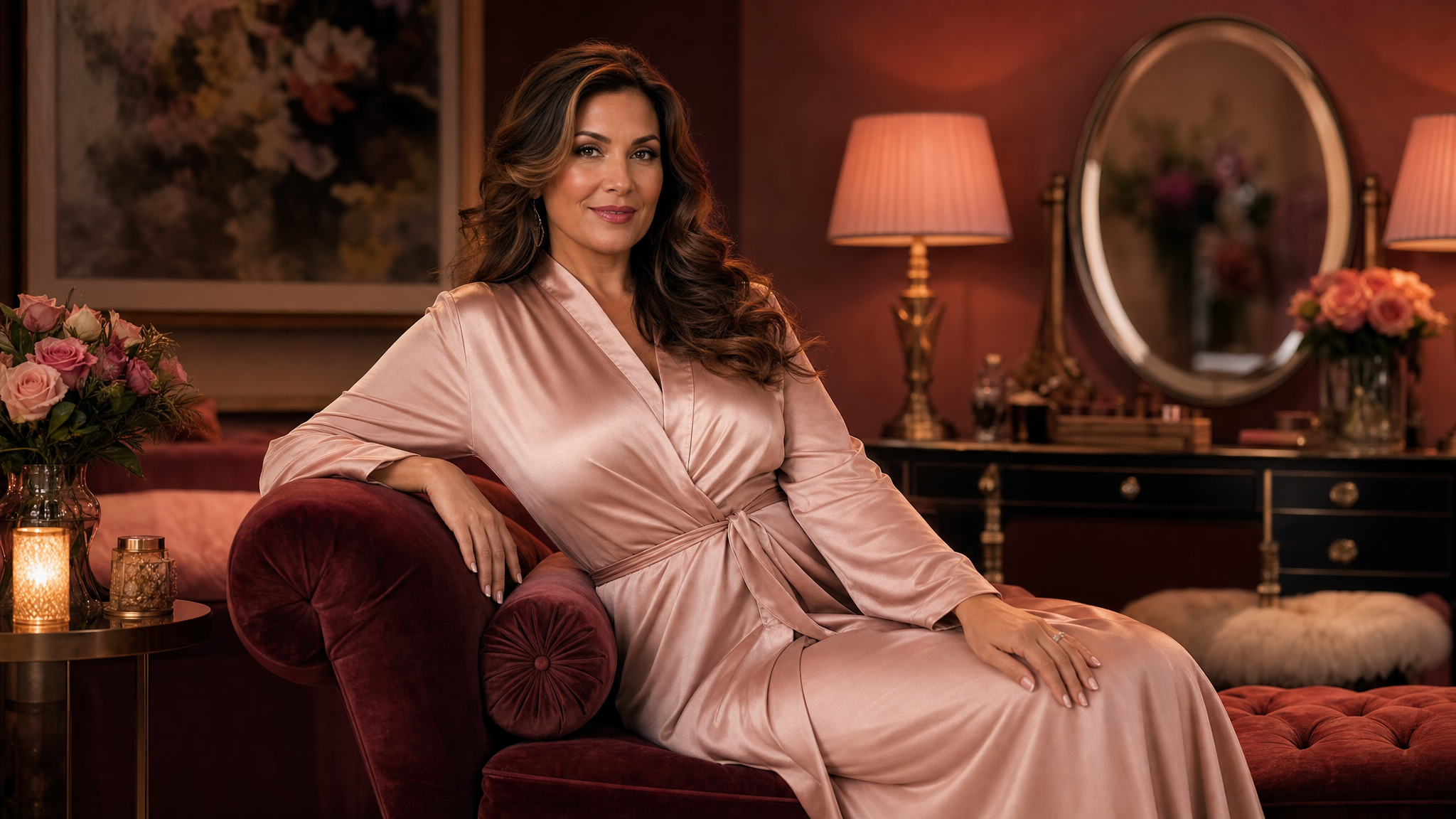 Elegant confident mature woman content creator in a stylish boudoir setting wearing a silky robe