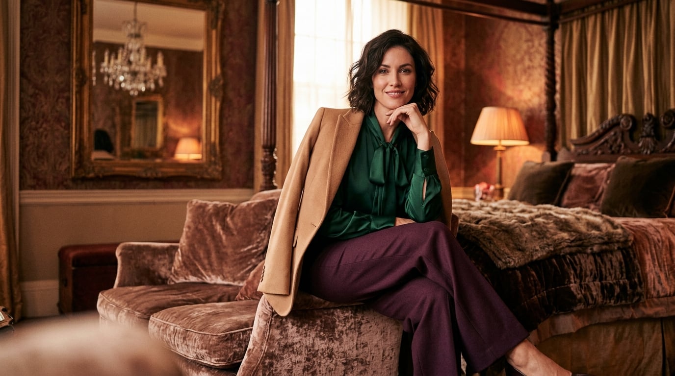 Confident mature woman in elegant attire posing with self-assured energy in warm light