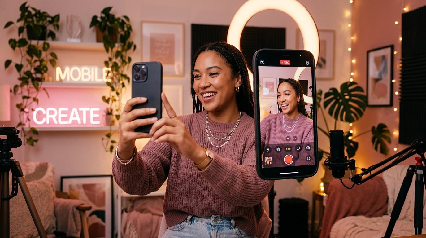 Content creator photographing herself with a smartphone, framed through the phone screen, mobile-first concept