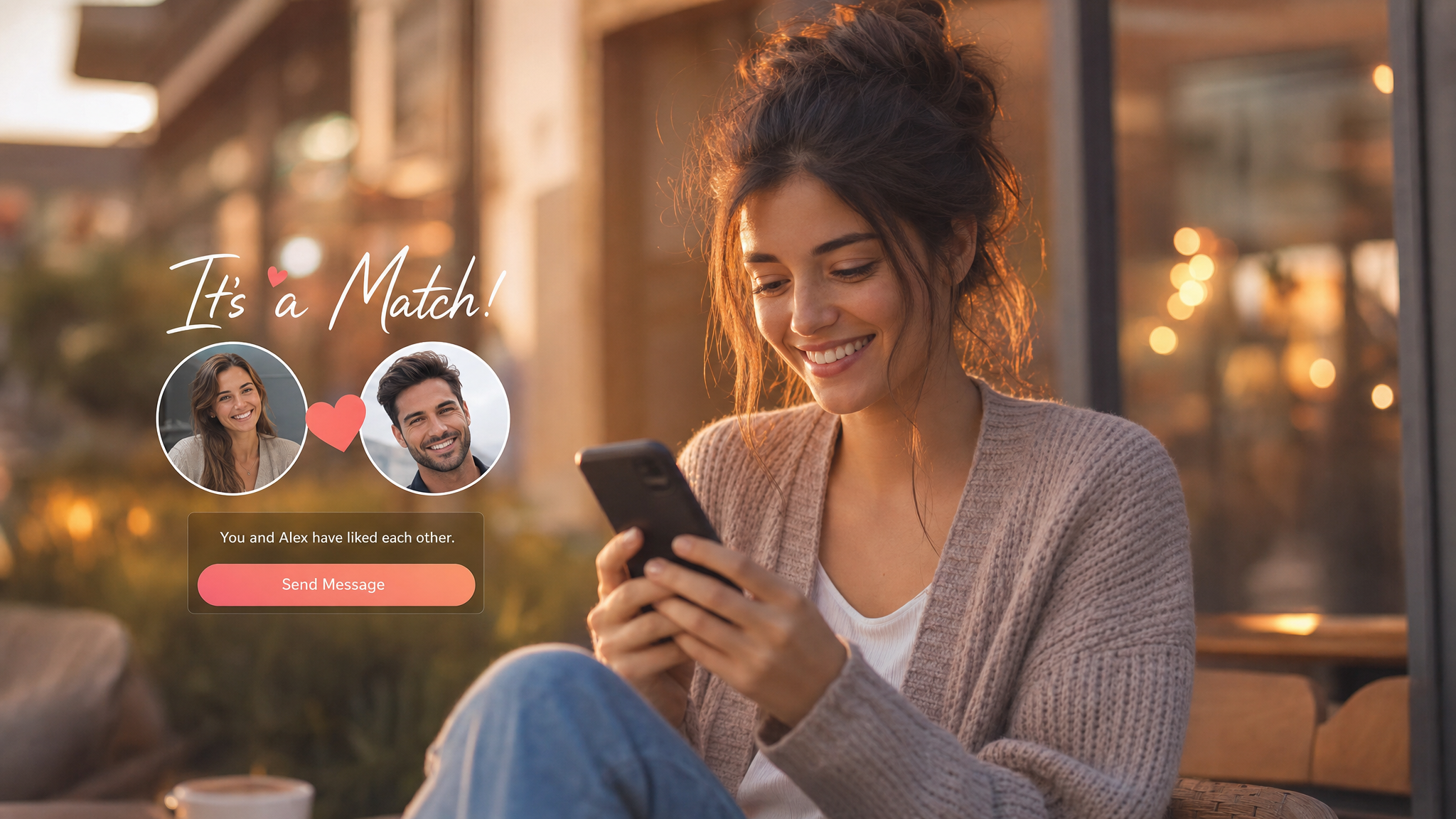 A person smiling at their phone in warm light, representing online dating and photo sharing