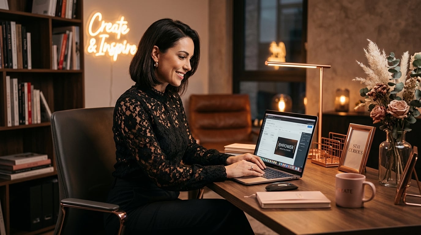 Confident woman in black lace lingerie reviewing platforms on a laptop representing OnlyFans alternatives