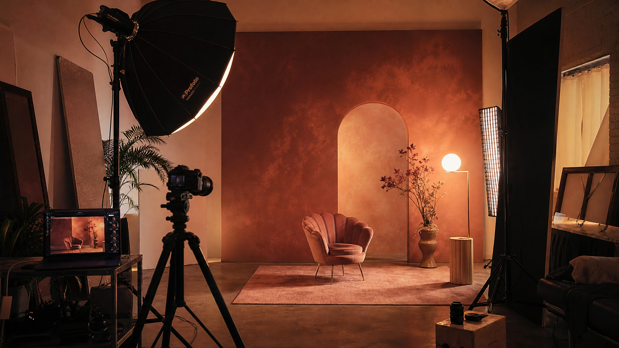 Creator setting up soft lighting and a camera for a tasteful adult content production shoot