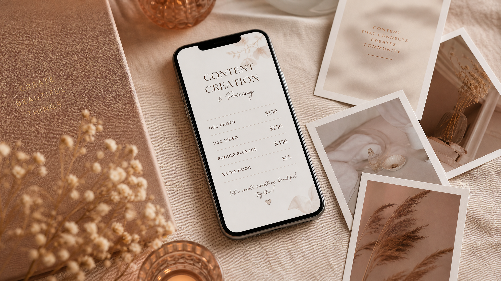 A warm flat-lay of a phone and photo prints representing pricing photo sets and content