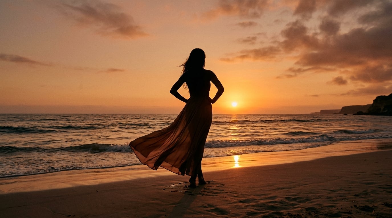 Silhouette of a confident woman in an outdoor setting at golden hour, tasteful and discreet