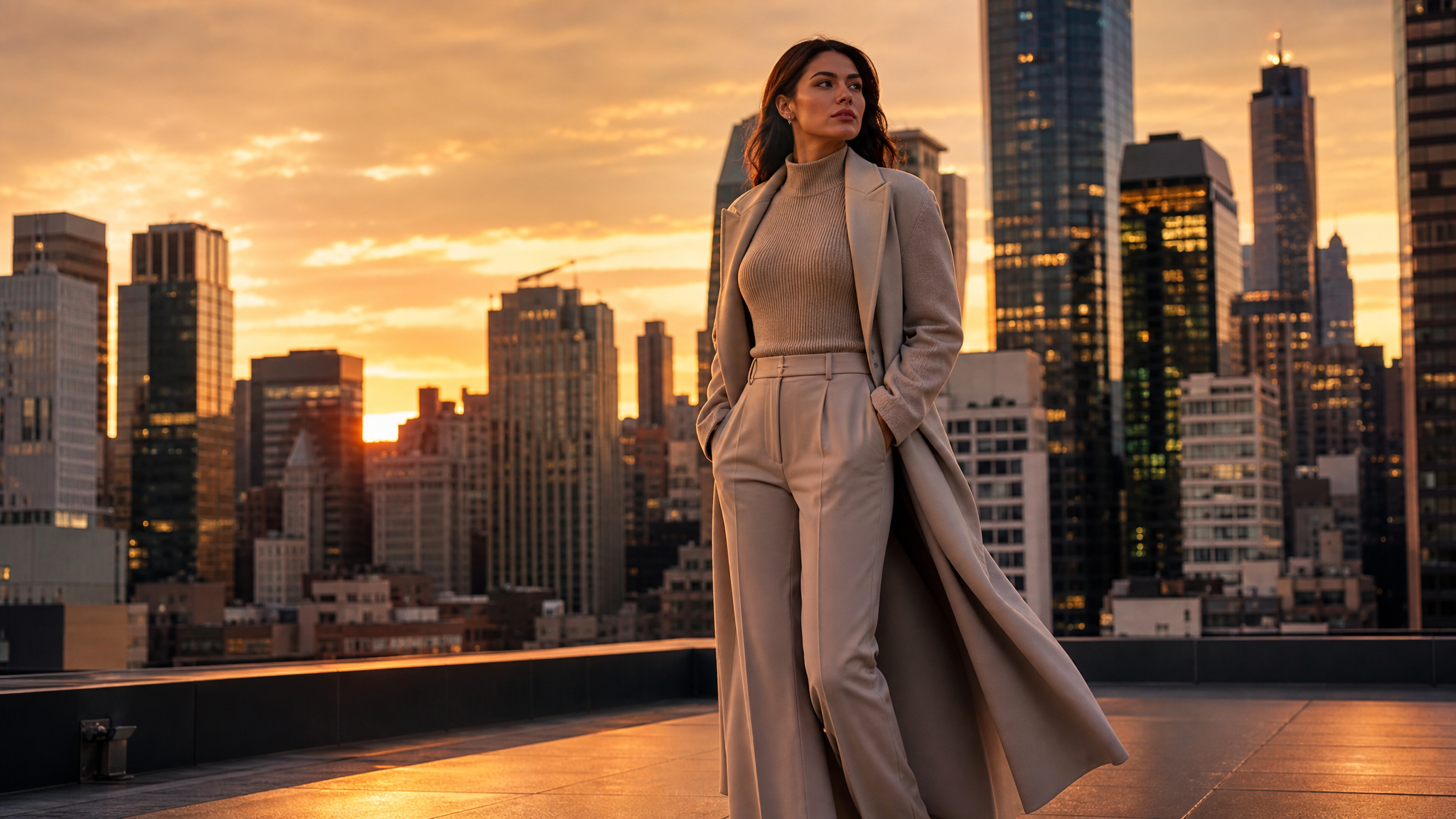 Woman in a wrap posing confidently on a private balcony for safe exhibitionism content