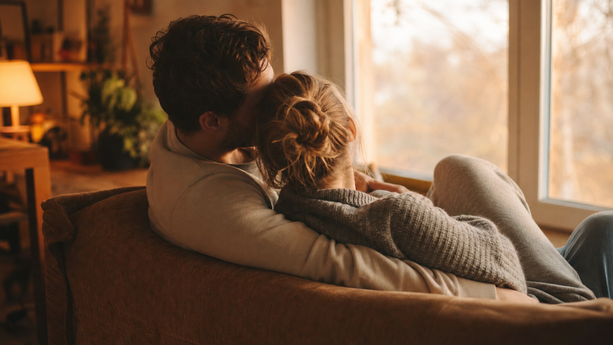 Authentic couple taking a candid, tasteful photo together at home