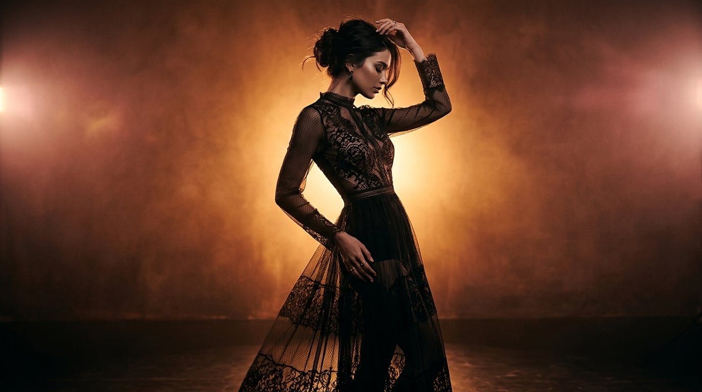 Woman in sheer black lace bodysuit posing against warm amber light for sensual content