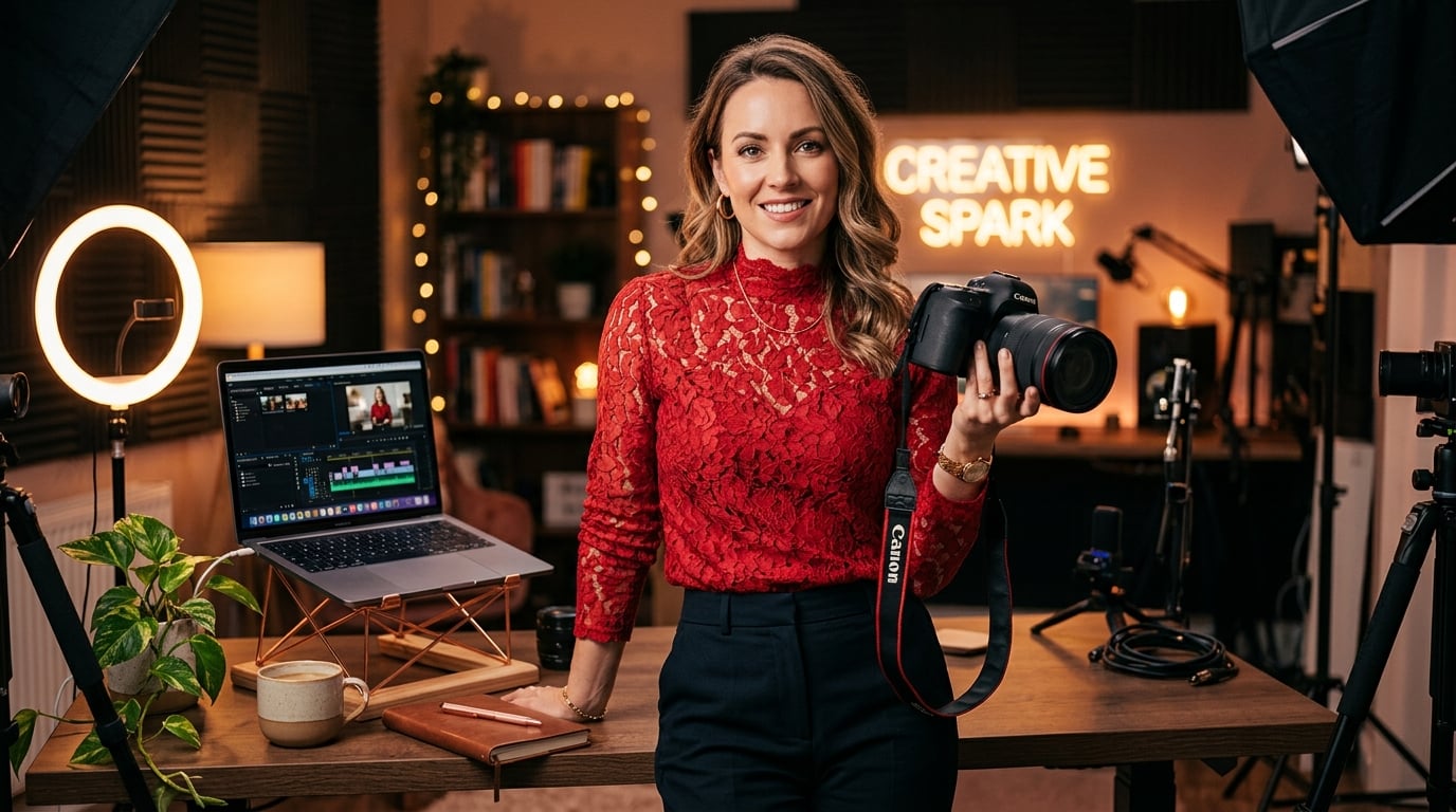 Confident woman in red lace lingerie with a camera and laptop representing online nude content sales