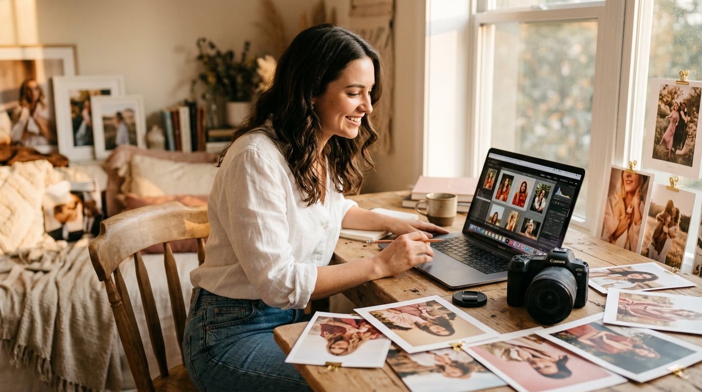 Photographer reviewing photos on a laptop and camera, building passive income by selling photos online