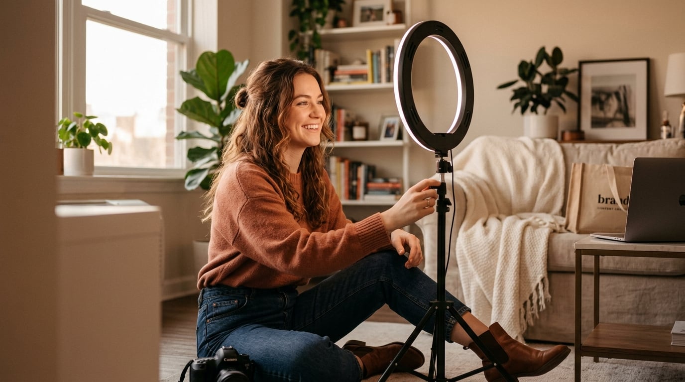 Confident creator smiling naturally during a relaxed home photo session, warm authentic mood