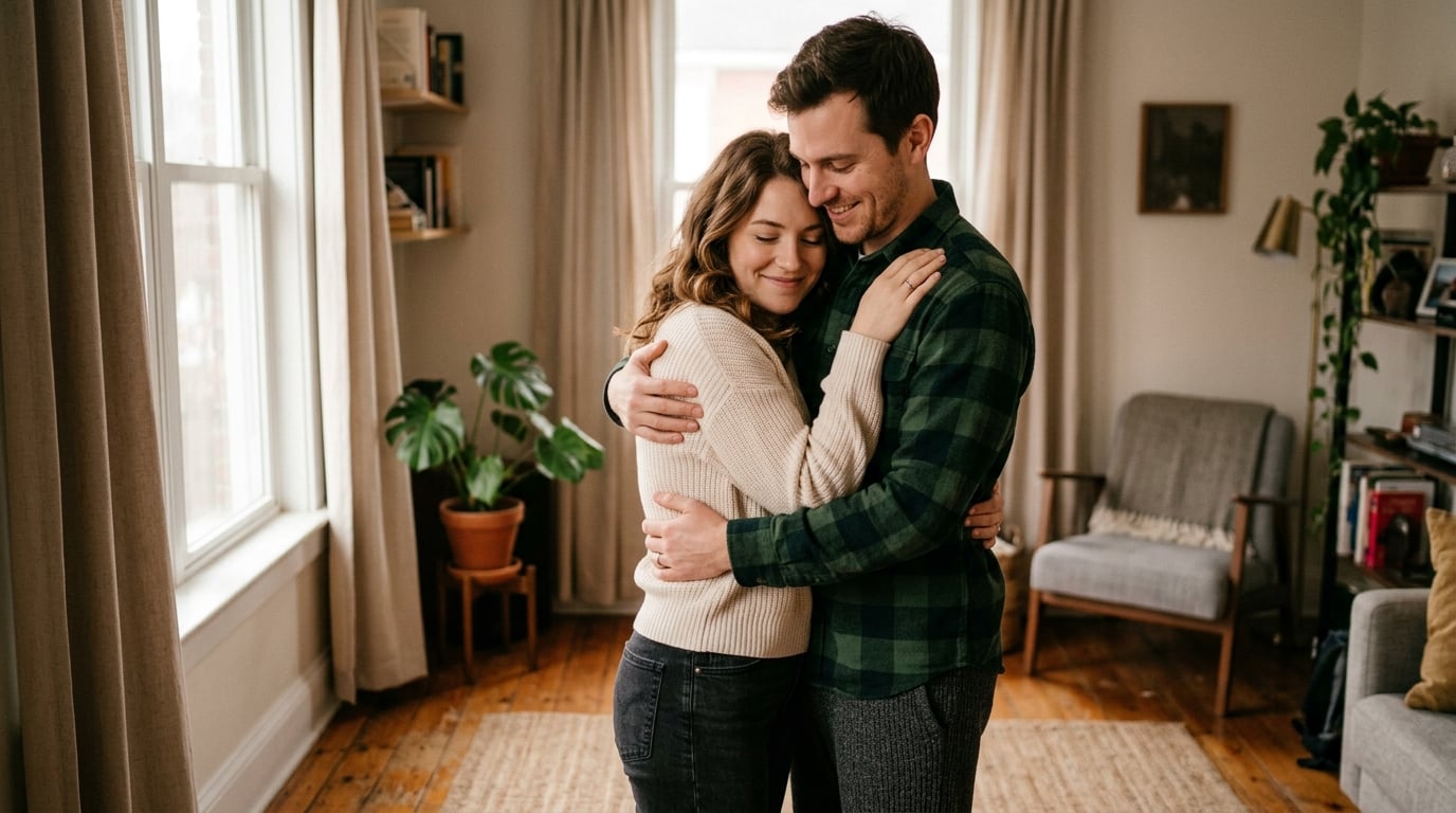 Affectionate couple sharing a warm, close moment together at home, illustrating intimacy and connection