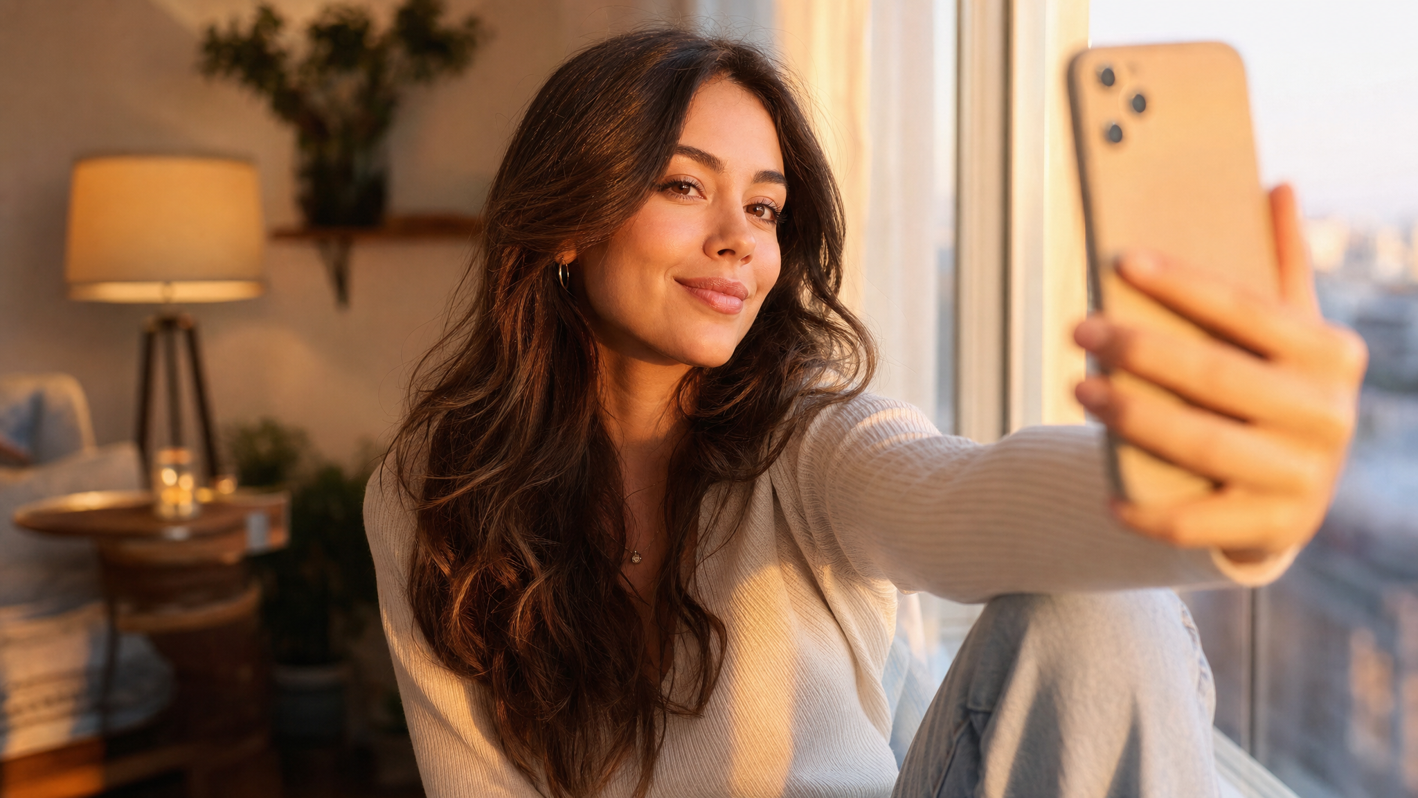 A woman taking a flattering selfie in soft warm light, demonstrating sexy selfie photography tips