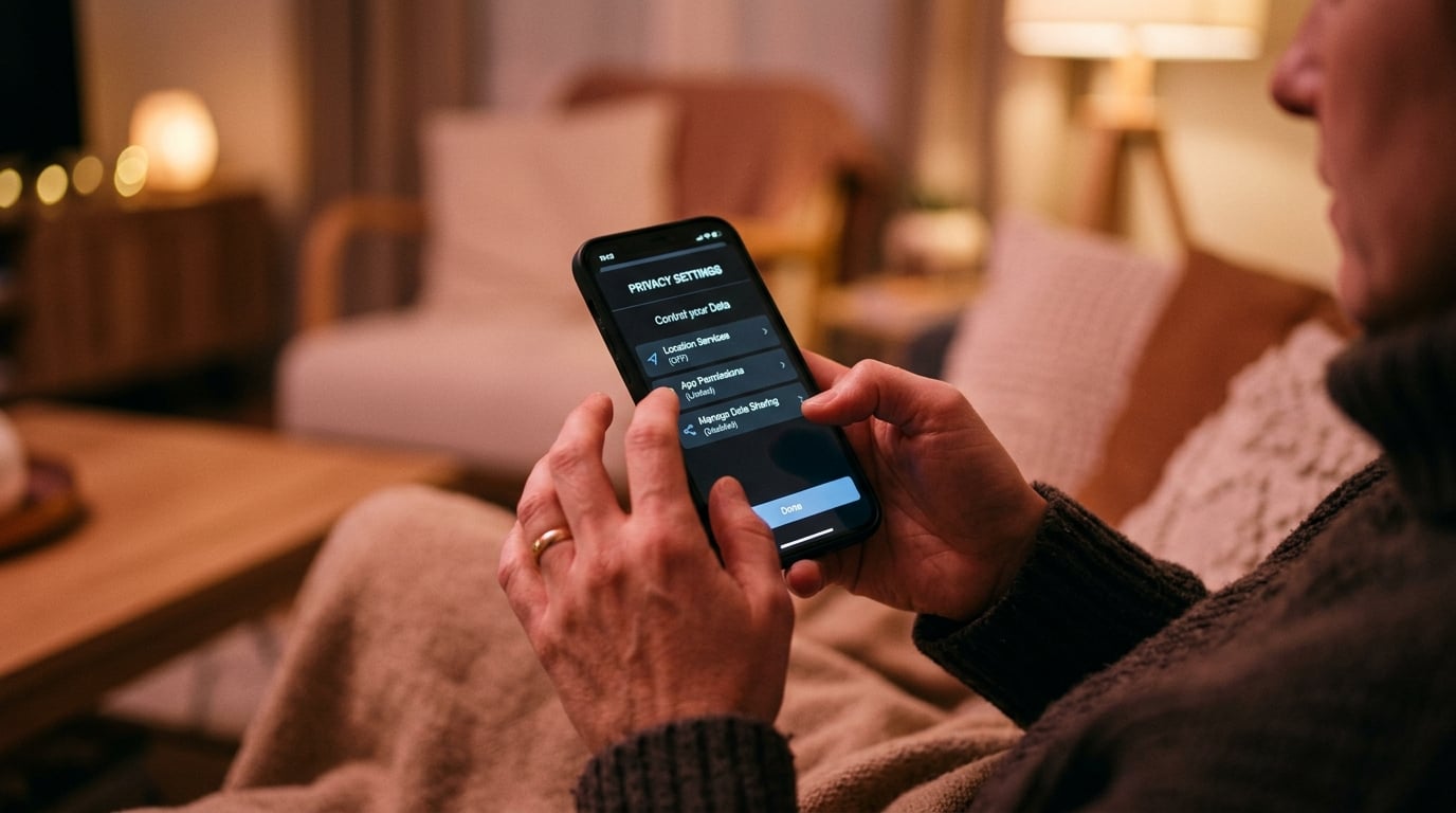 Person adjusting privacy settings on a phone before sharing intimate photos, soft warm lighting