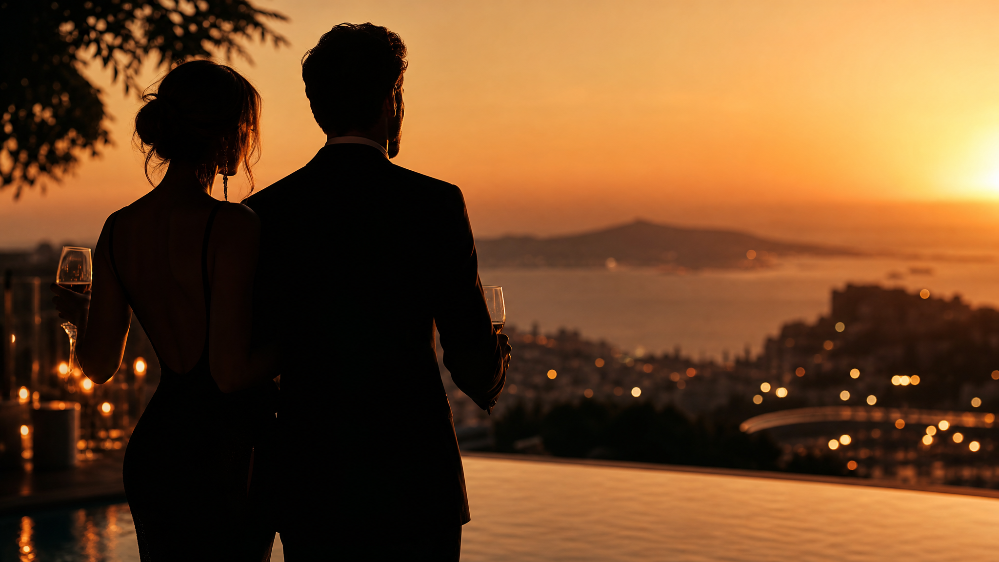 Two silhouettes at golden hour representing lifestyle couples connecting online