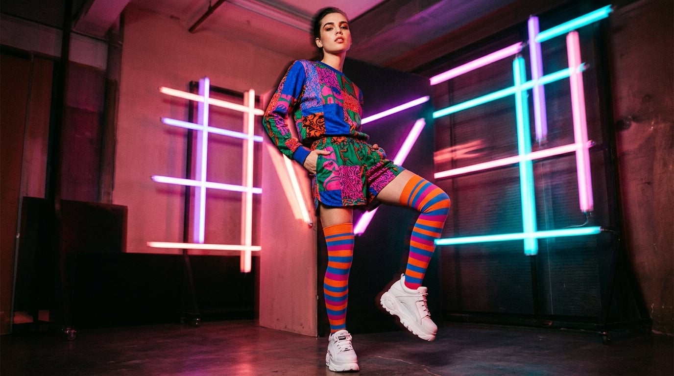 Stylish person in colorful lingerie and thigh-high stockings posing confidently in neon-lit studio