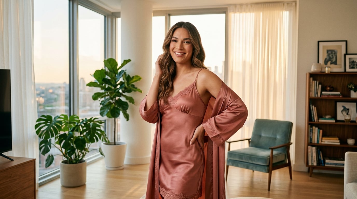 Confident transgender woman content creator posing proudly in a bright modern apartment