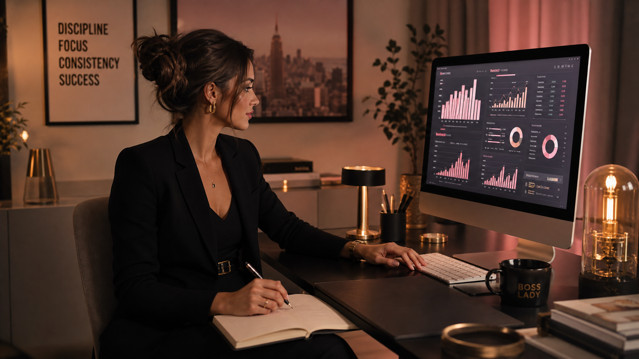 Confident woman in sheer lace lingerie reviewing analytics on a screen with warm amber lighting