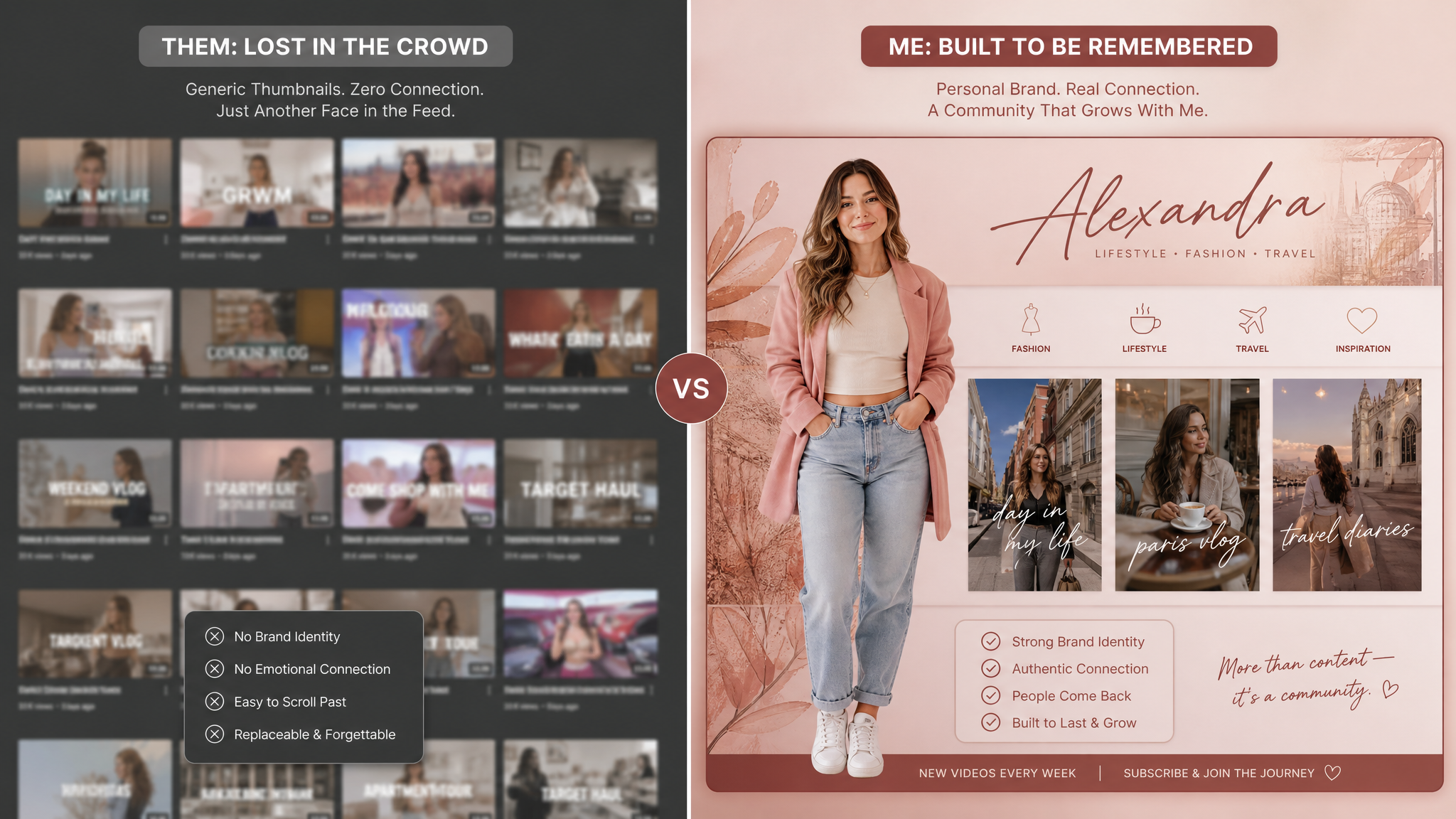 Split-screen comparison of a crowded anonymous video grid versus a creator's personal branded profile