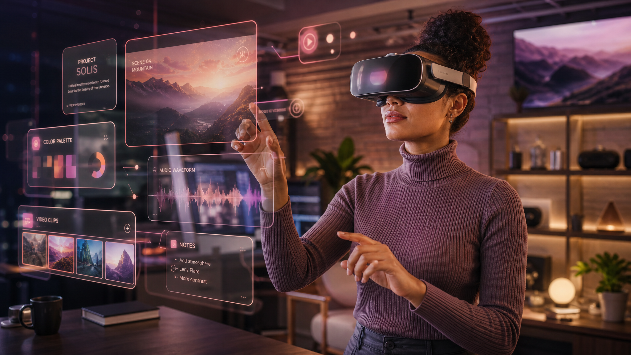 Content creator wearing a sleek VR headset surrounded by soft futuristic holographic light